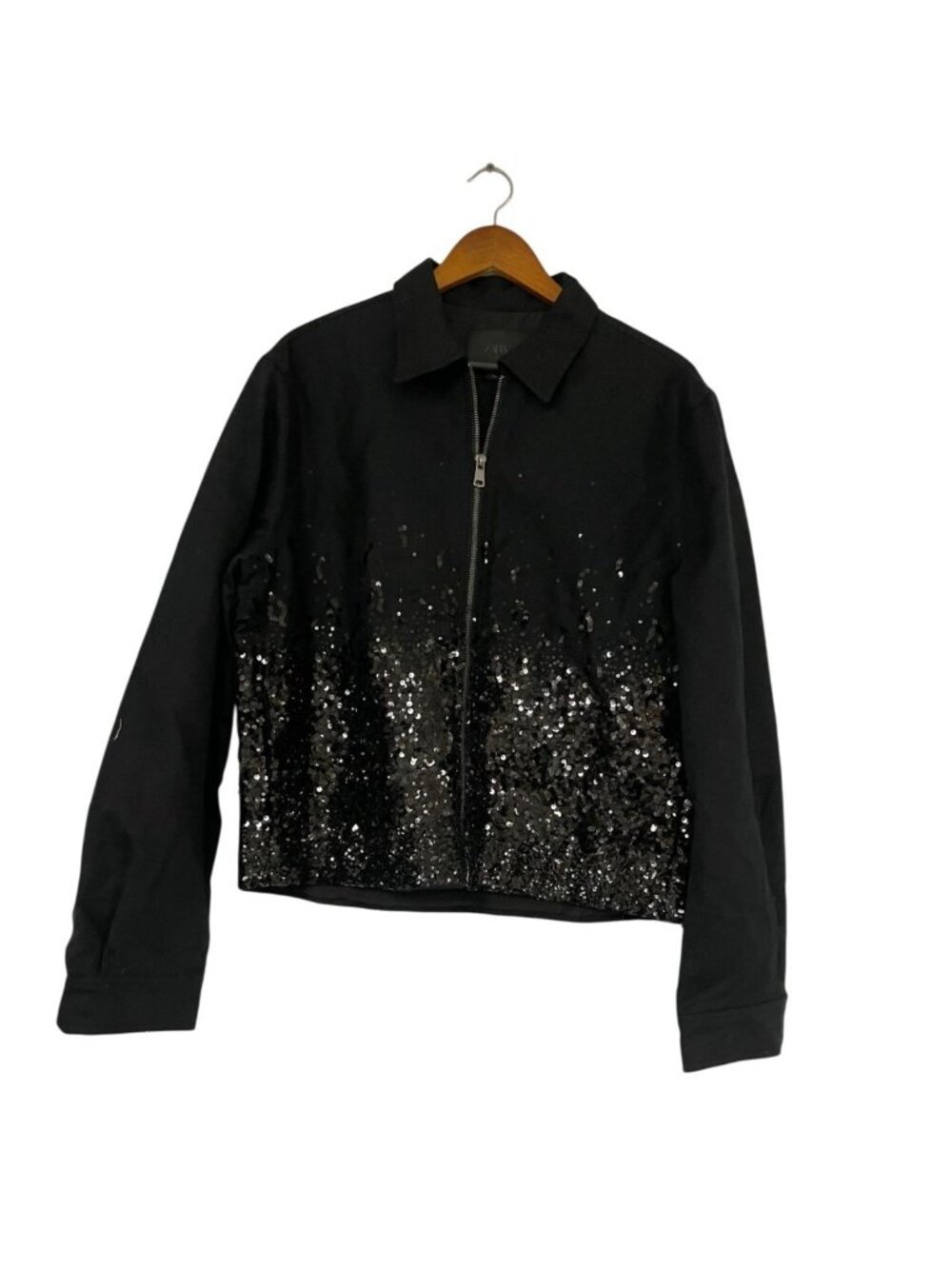 Zara Mens Bomber Sequin Jacket cropped fit L Black embellished 3715/708 NWOT - Picture 2 of 9